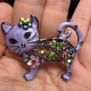 Cat Brooch Purple Floral Rhinestone Kitty Statement Pin – 2”